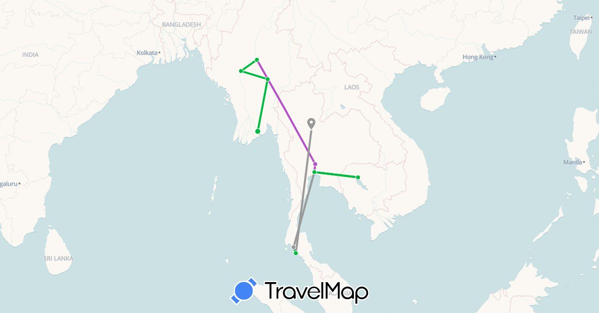 TravelMap itinerary: bus, plane, train in Cambodia, Thailand (Asia)